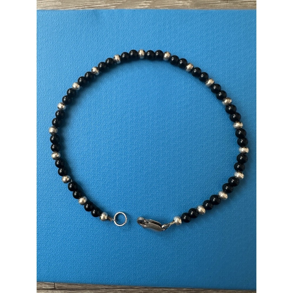 VTG‎ Accent Bracelet Size 9 Black Glass 925 Sterling Silver Beads Lobster Clasp